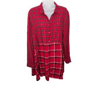 J. Jill Women's Red Mixed Plaid Flannel Tunic Shirt Long Sleeve Grunge Size M